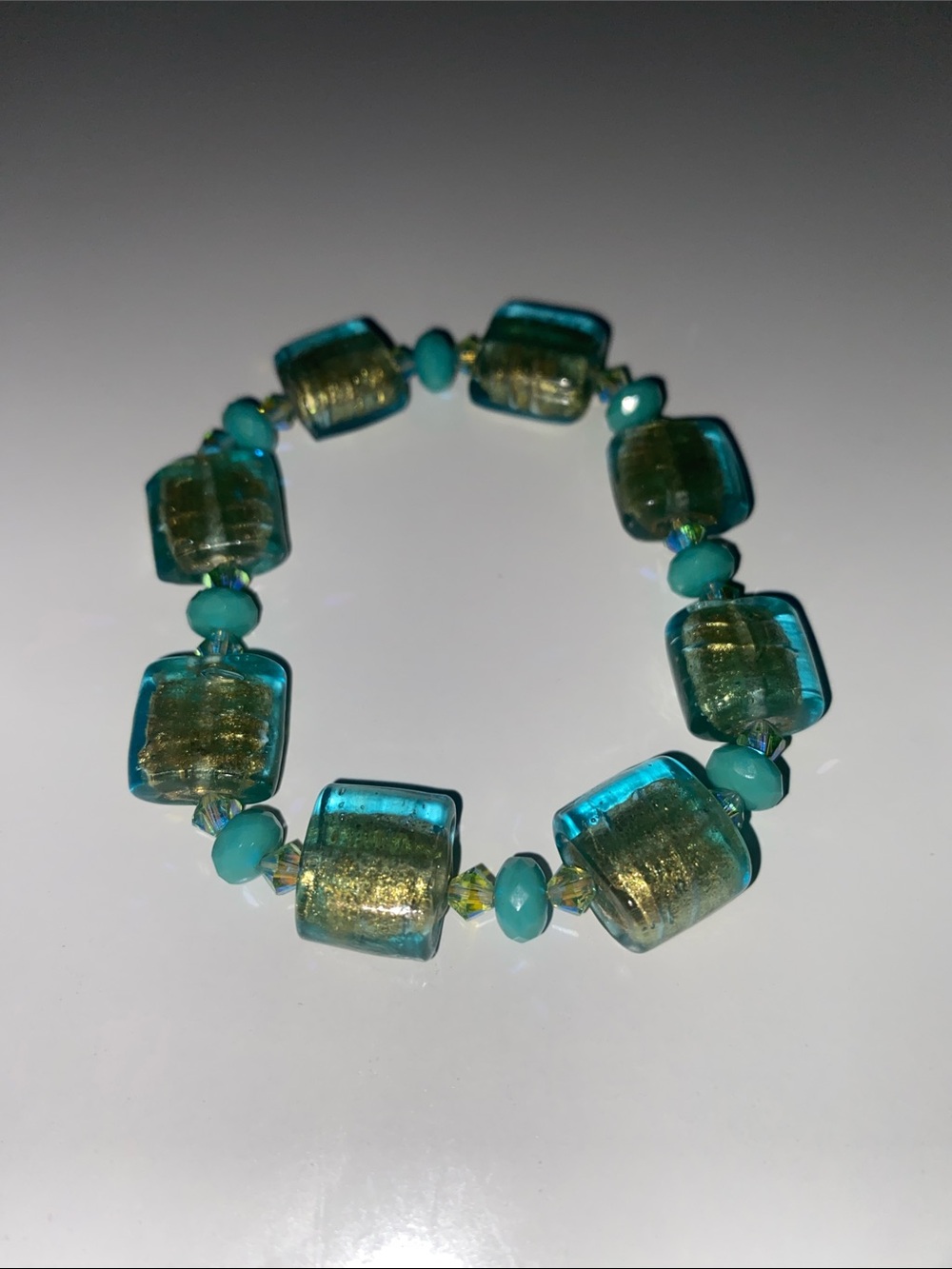 Turquoise & Gold Glass Bead Stretch Bracelet - Women Jewelry